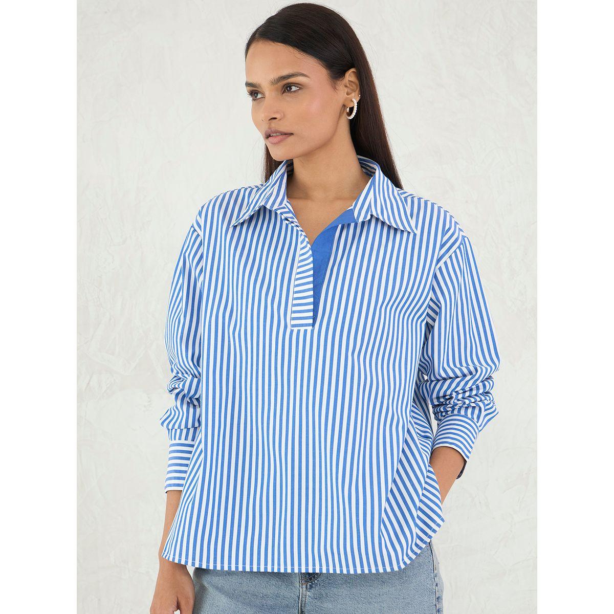 بلوزة فضفاضة مخططة بياقة سبريد-women-clothing-shirtsandblouses-shirts-image-5