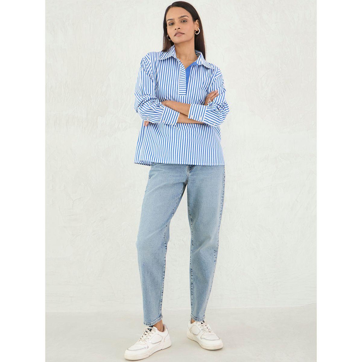 بلوزة فضفاضة مخططة بياقة سبريد-women-clothing-shirtsandblouses-shirts-image-6