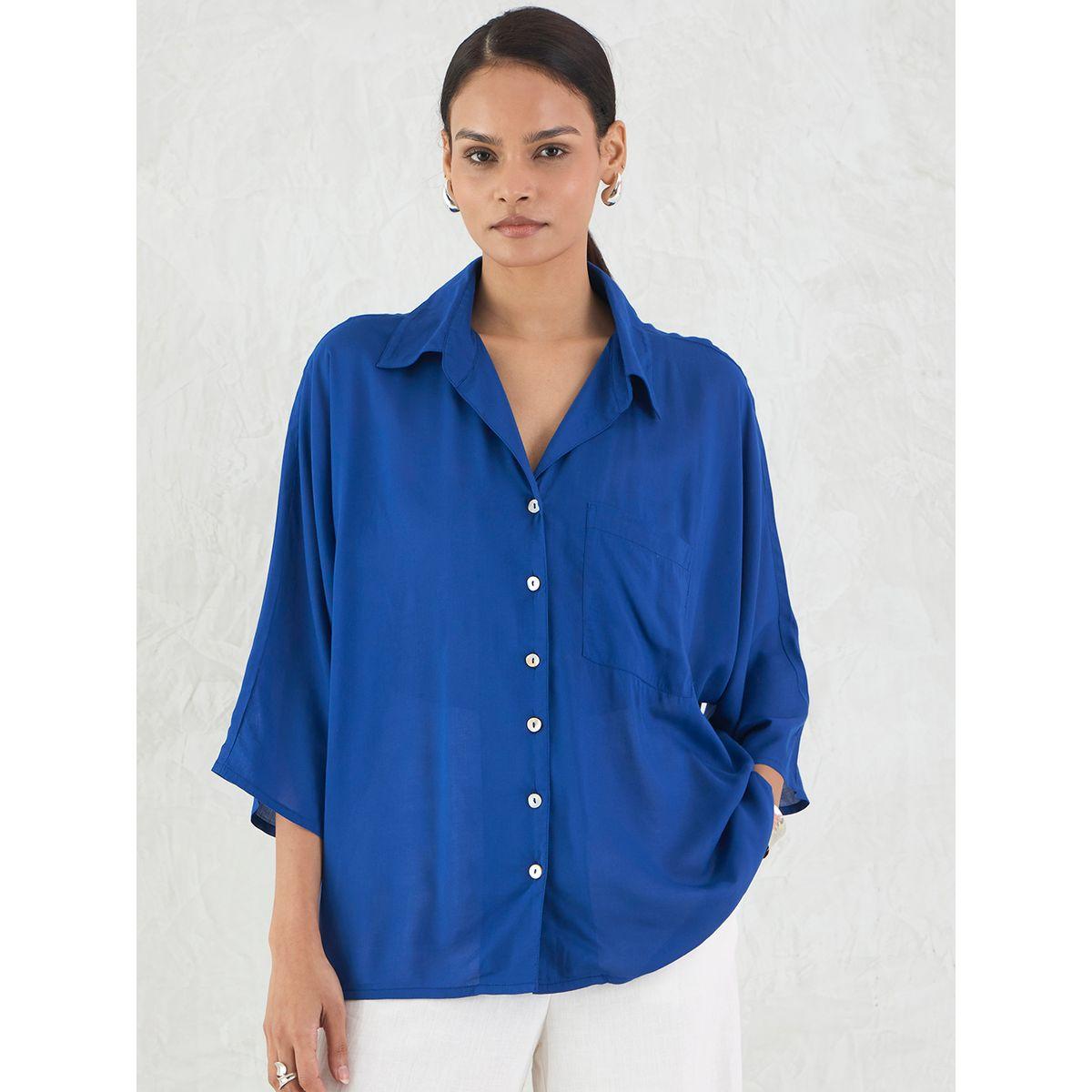 Femmella Blue Button Down Spread Collar Shirt-women-clothing-shirtsandblouses-shirts-image-1