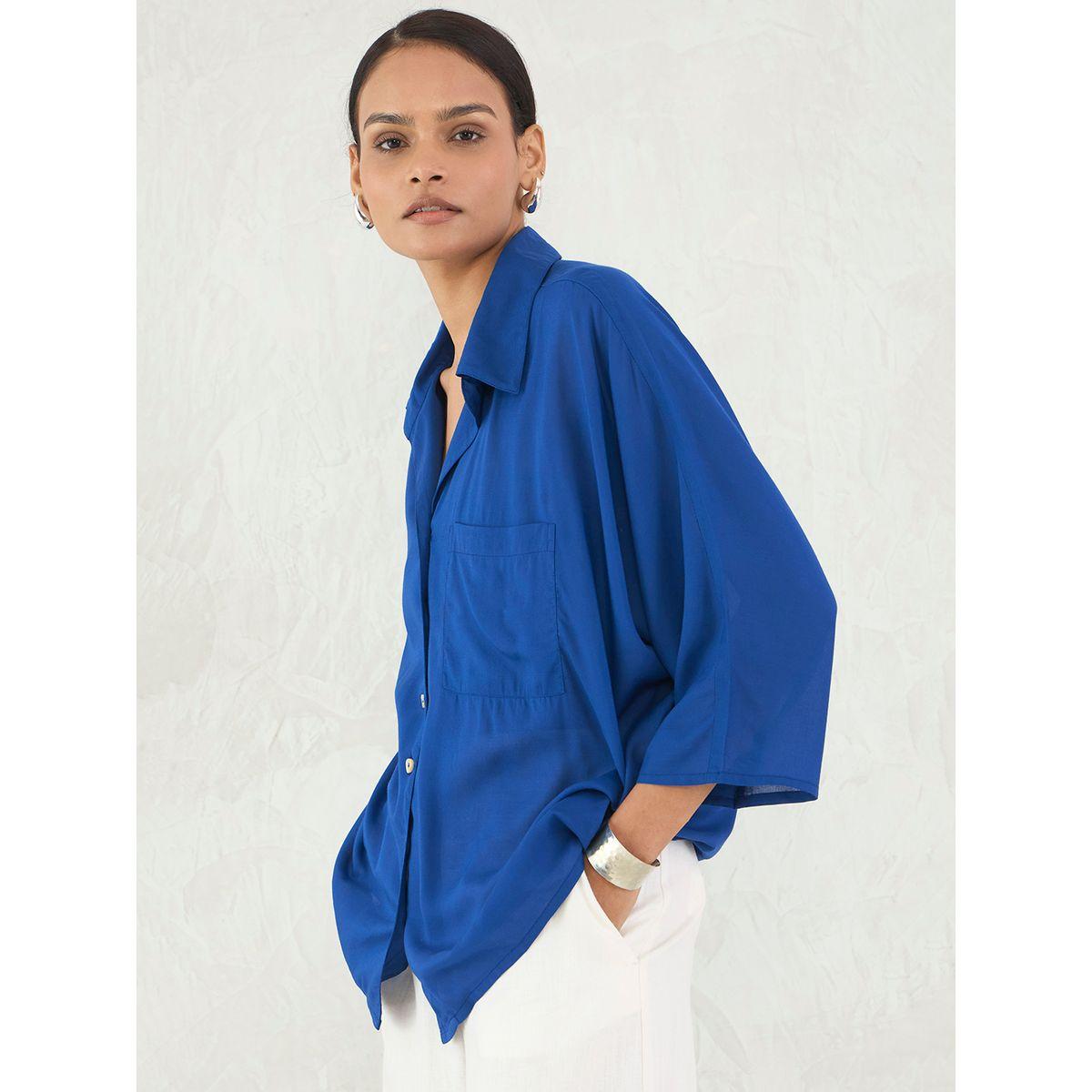 Femmella Blue Button Down Spread Collar Shirt-women-clothing-shirtsandblouses-shirts-image-3