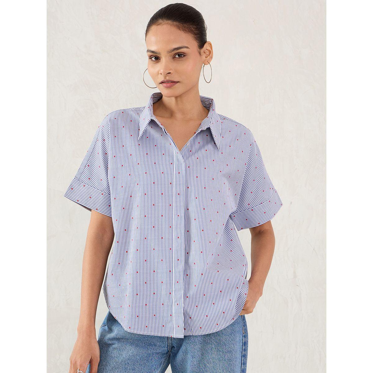 Femmella Navy Striped Short Sleeve Button Down Shirt-women-clothing-shirtsandblouses-shirts-image-1