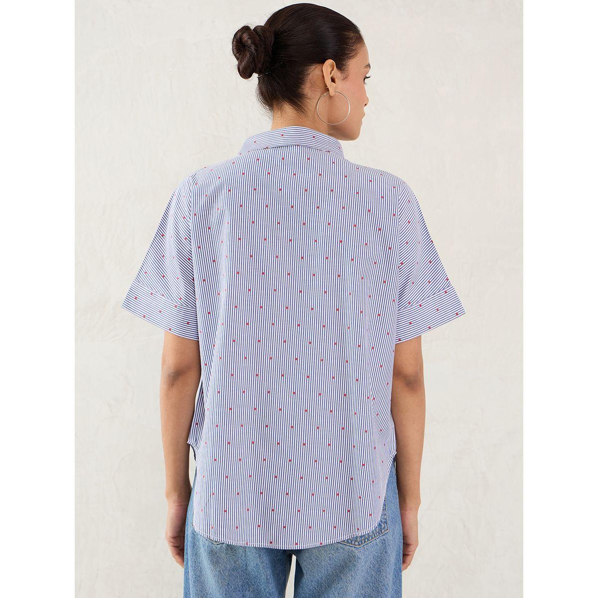 Femmella Navy Striped Short Sleeve Button Down Shirt-women-clothing-shirtsandblouses-shirts-image-2