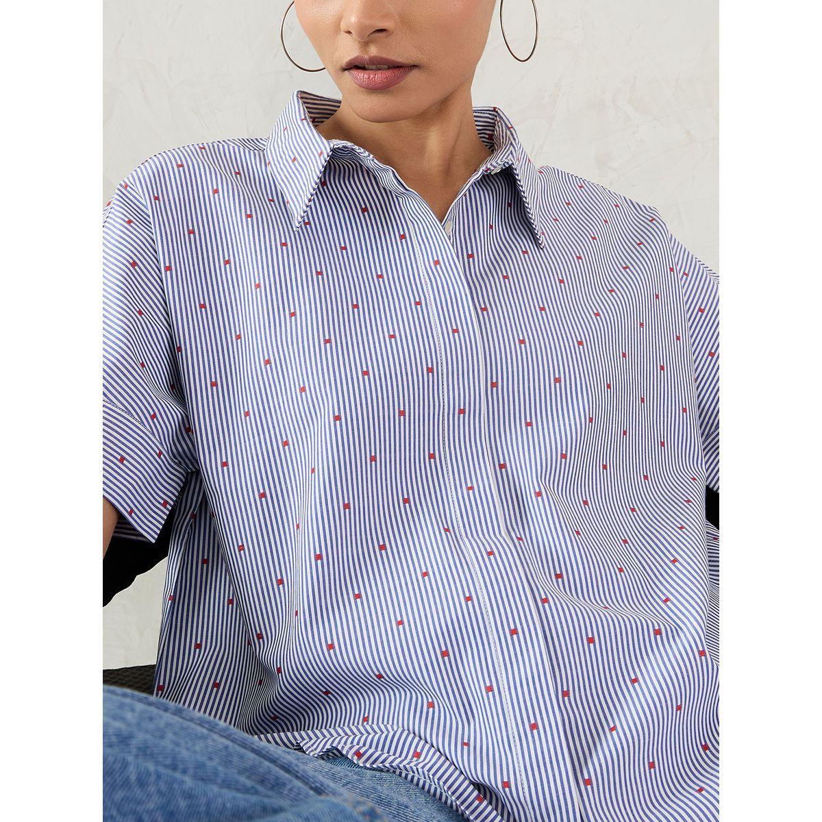 Femmella Navy Striped Short Sleeve Button Down Shirt-women-clothing-shirtsandblouses-shirts-image-7