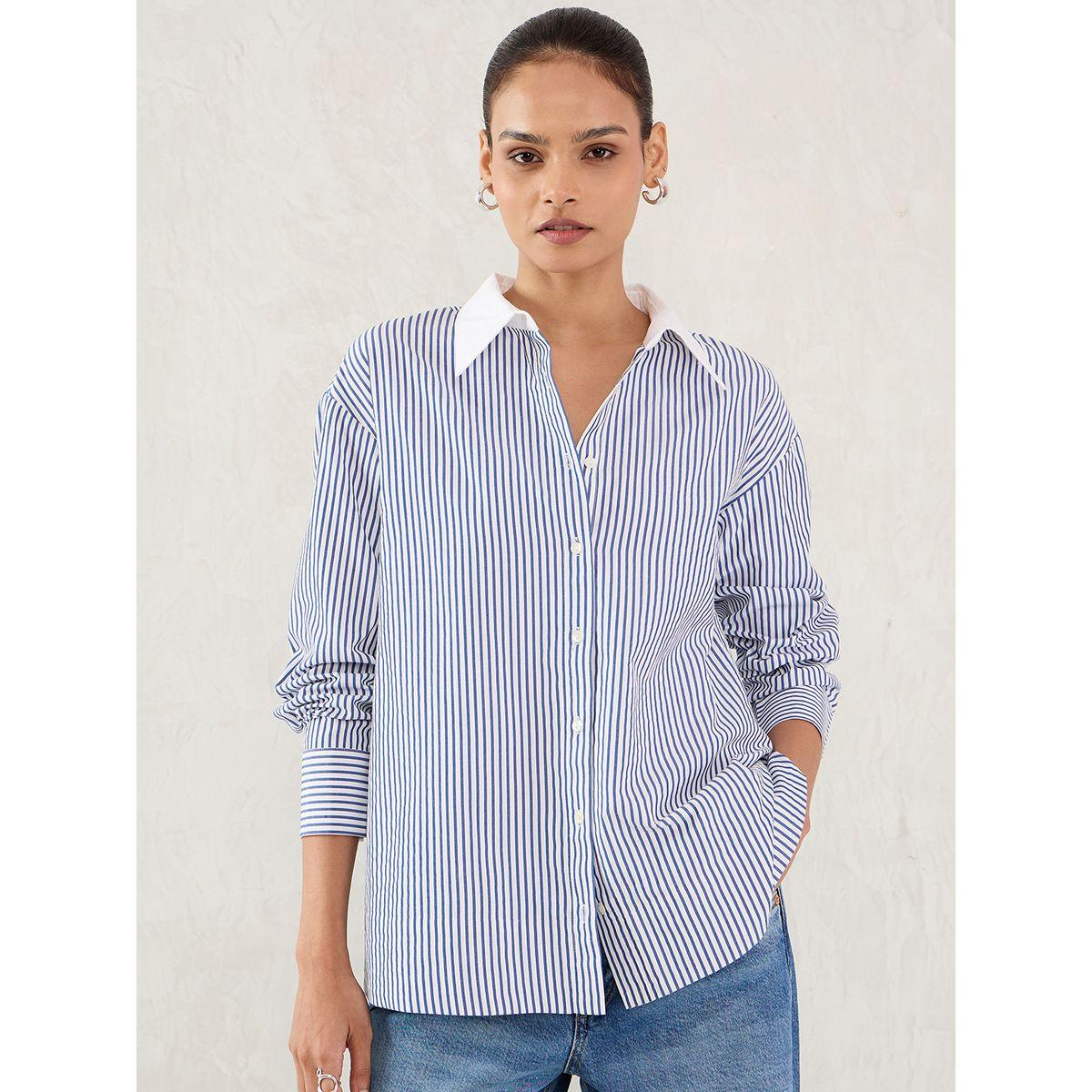 بلوزة مخططة بأزرار وياقة سبريد-women-clothing-shirtsandblouses-shirts-image-1