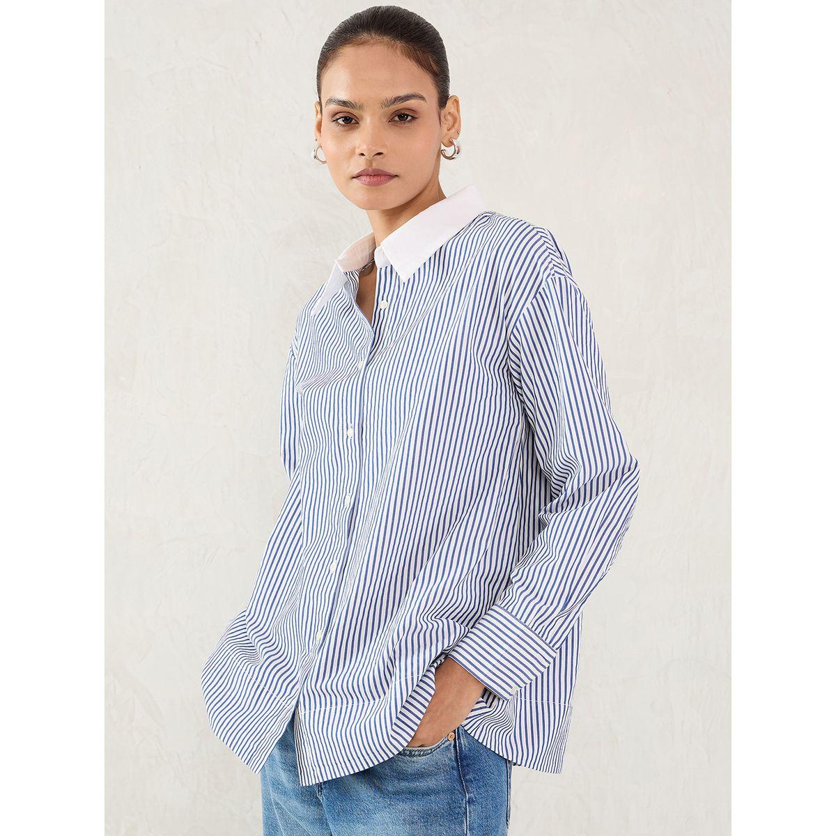 بلوزة مخططة بأزرار وياقة سبريد-women-clothing-shirtsandblouses-shirts-image-3
