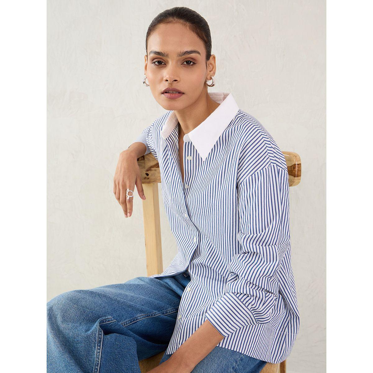 بلوزة مخططة بأزرار وياقة سبريد-women-clothing-shirtsandblouses-shirts-image-6