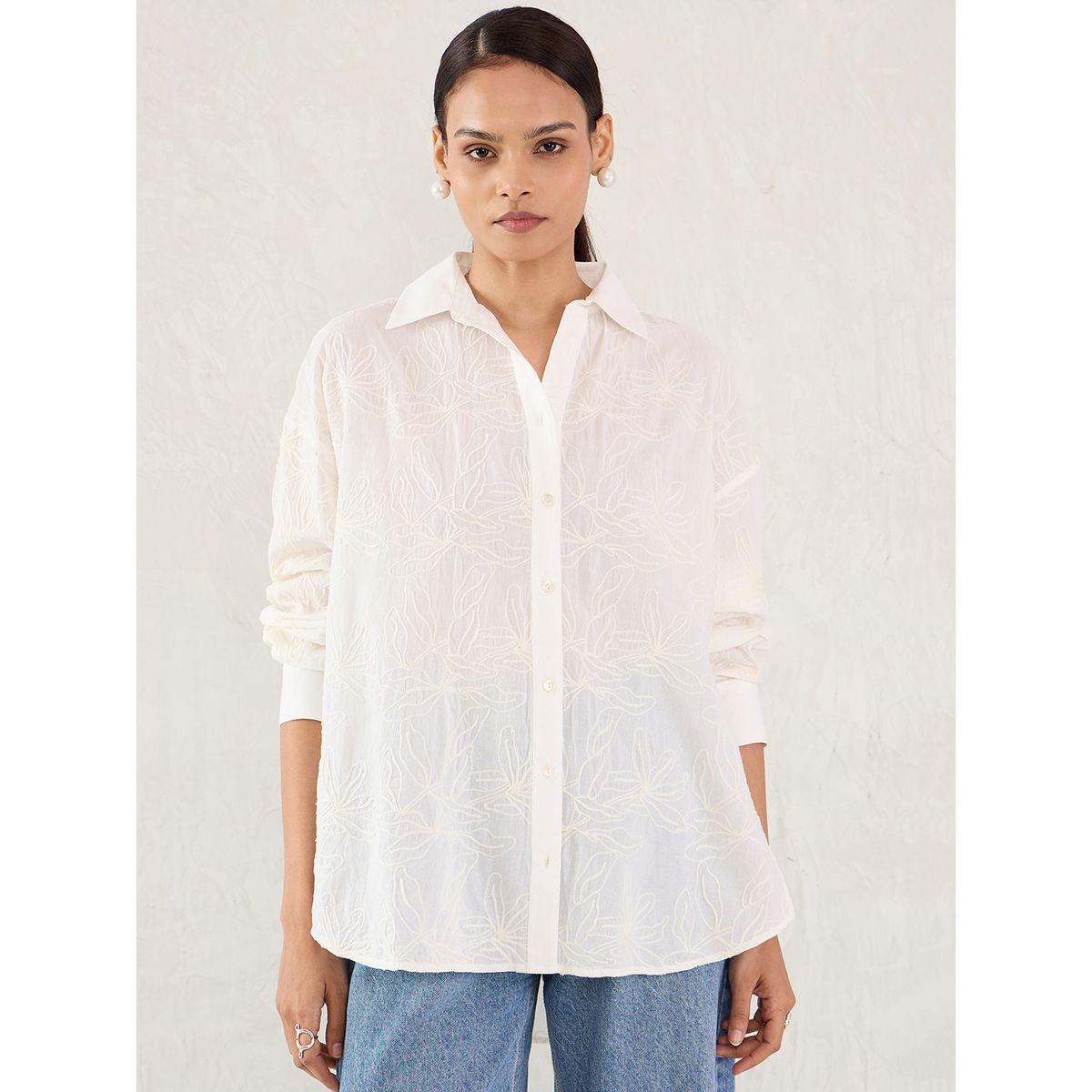 Femmella White Embroidered Cotton Longline Shirt-women-clothing-shirtsandblouses-shirts-image-1