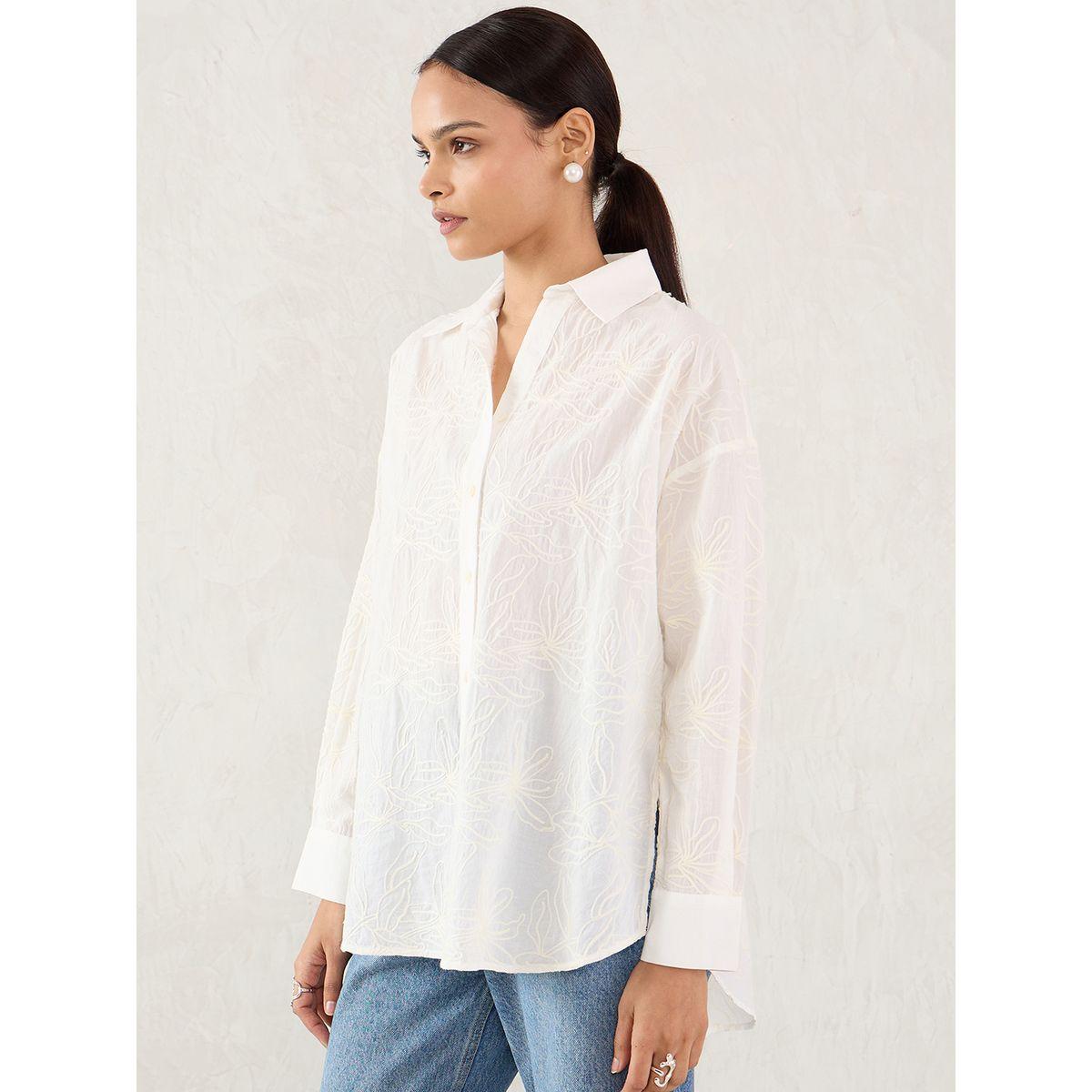 Femmella White Embroidered Cotton Longline Shirt-women-clothing-shirtsandblouses-shirts-image-3