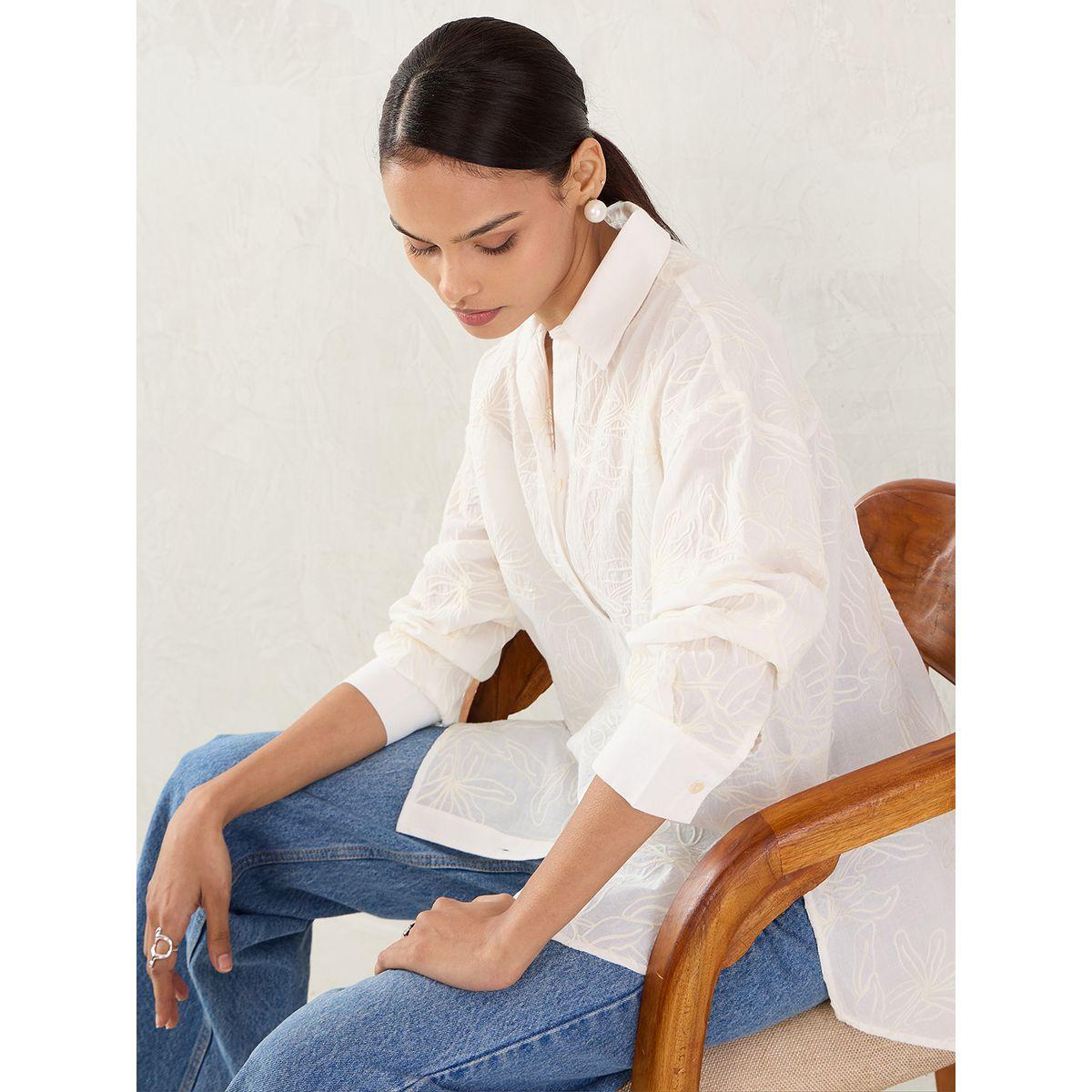 Femmella White Embroidered Cotton Longline Shirt-women-clothing-shirtsandblouses-shirts-image-6