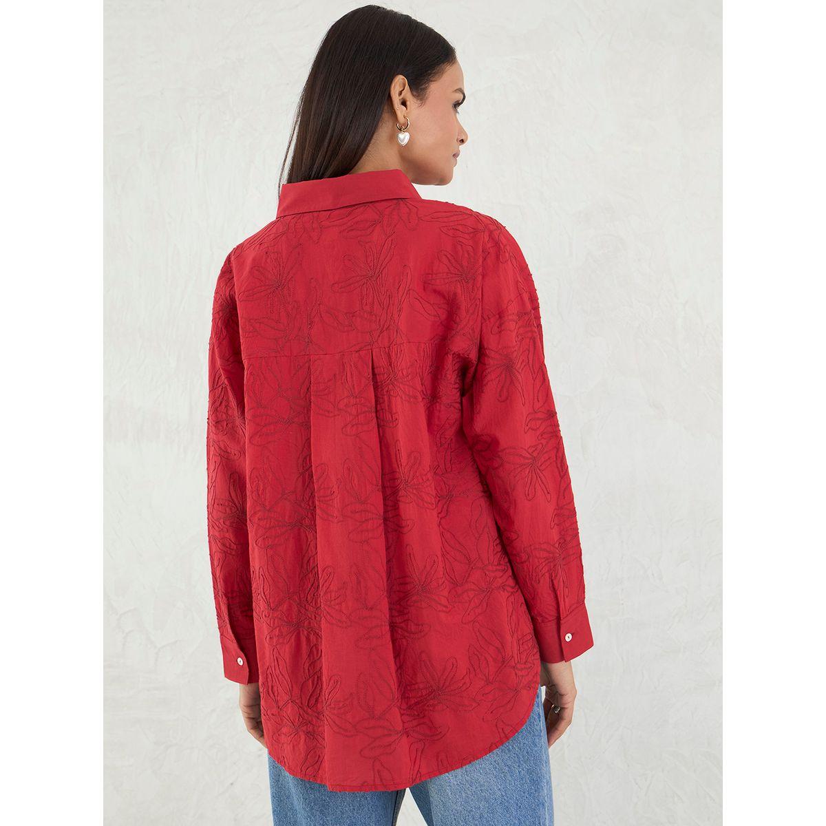 Femmella Red Embroidered Cotton Longline Shirt-women-clothing-shirtsandblouses-shirts-image-2
