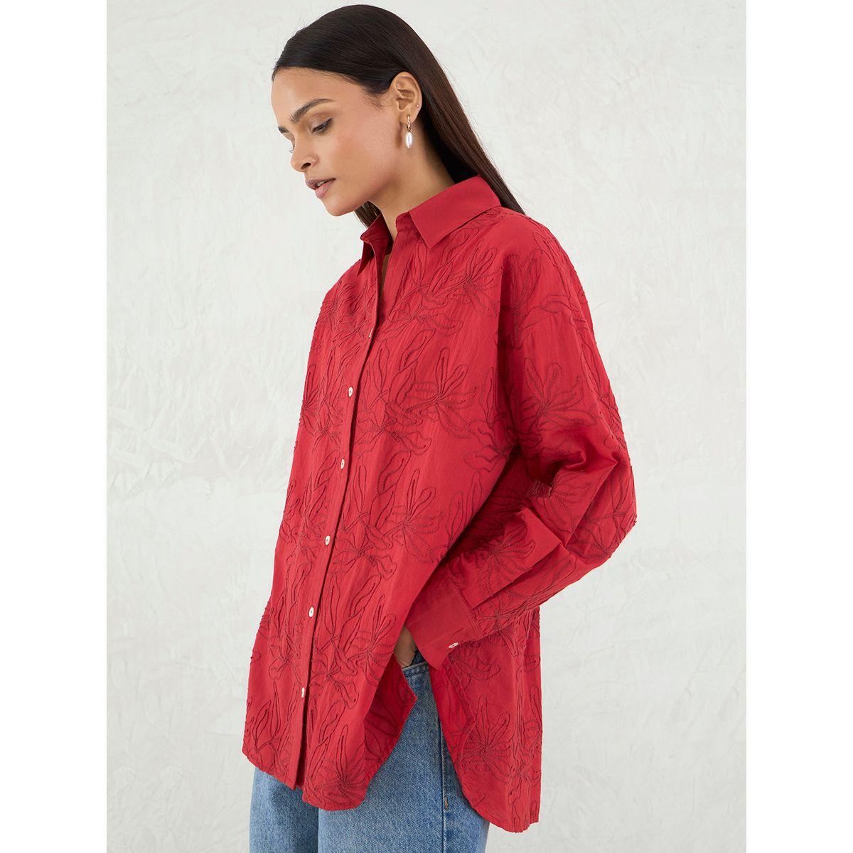 Femmella Red Embroidered Cotton Longline Shirt-women-clothing-shirtsandblouses-shirts-image-3
