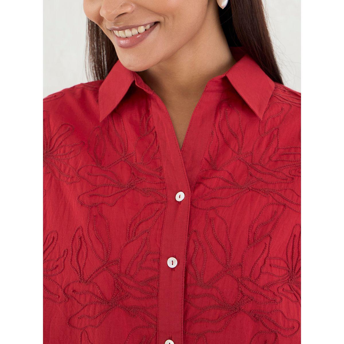 Femmella Red Embroidered Cotton Longline Shirt-women-clothing-shirtsandblouses-shirts-image-4