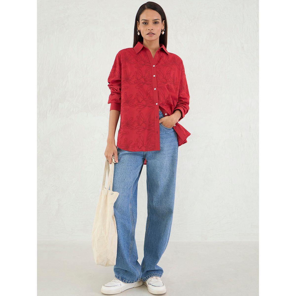 Femmella Red Embroidered Cotton Longline Shirt-women-clothing-shirtsandblouses-shirts-image-5