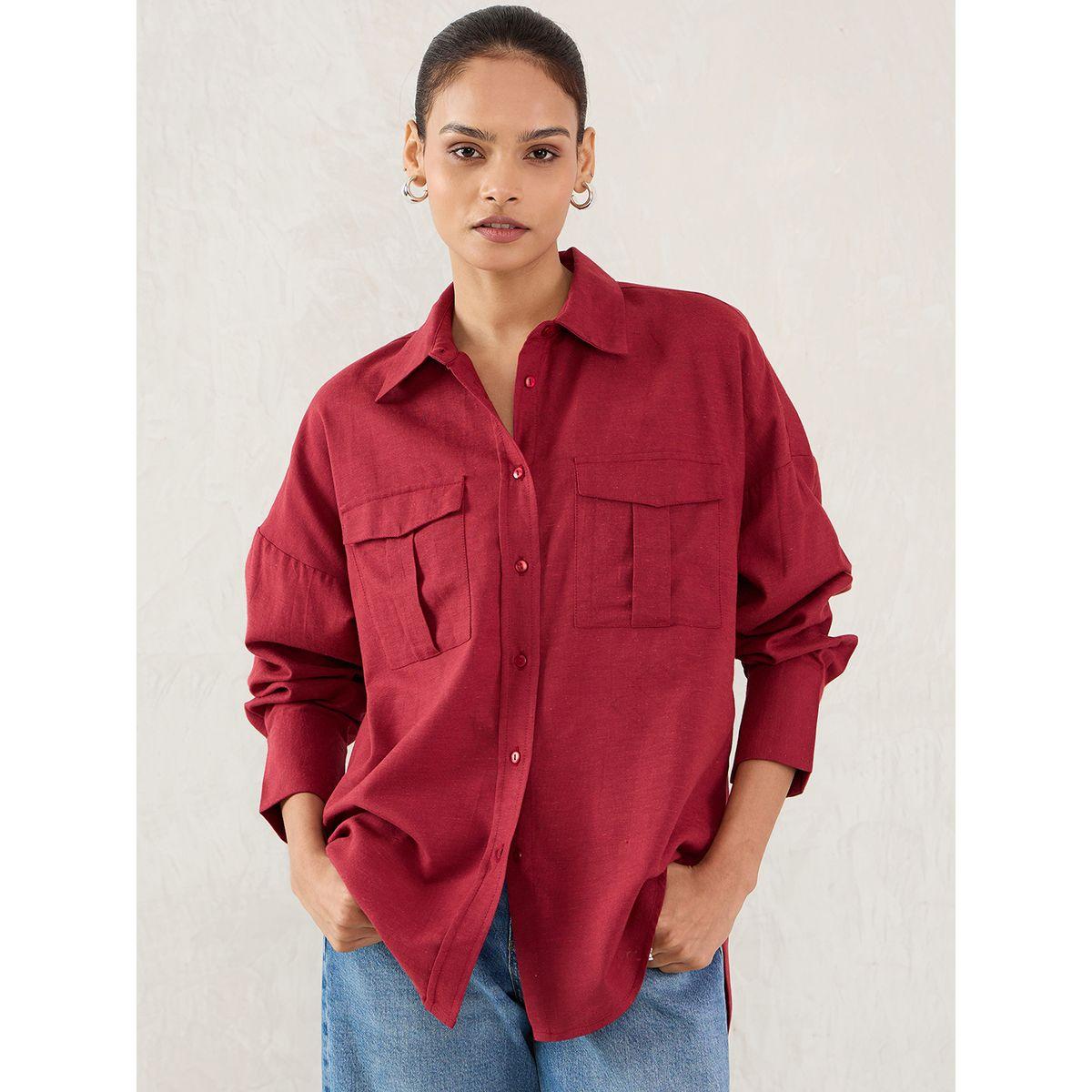 Femmella Cranberry Pocket Detail Buttoned Shirt-women-clothing-shirtsandblouses-shirts-image-1