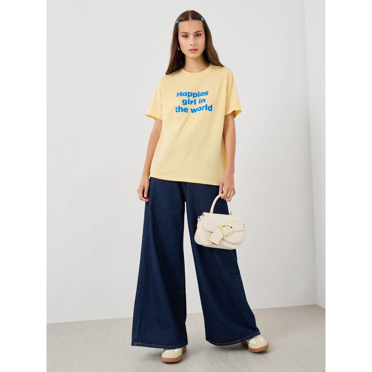 تيشيرت فضفاض بطبعة كتابة وياقة دائرية-women-clothing-tshirts-image-3