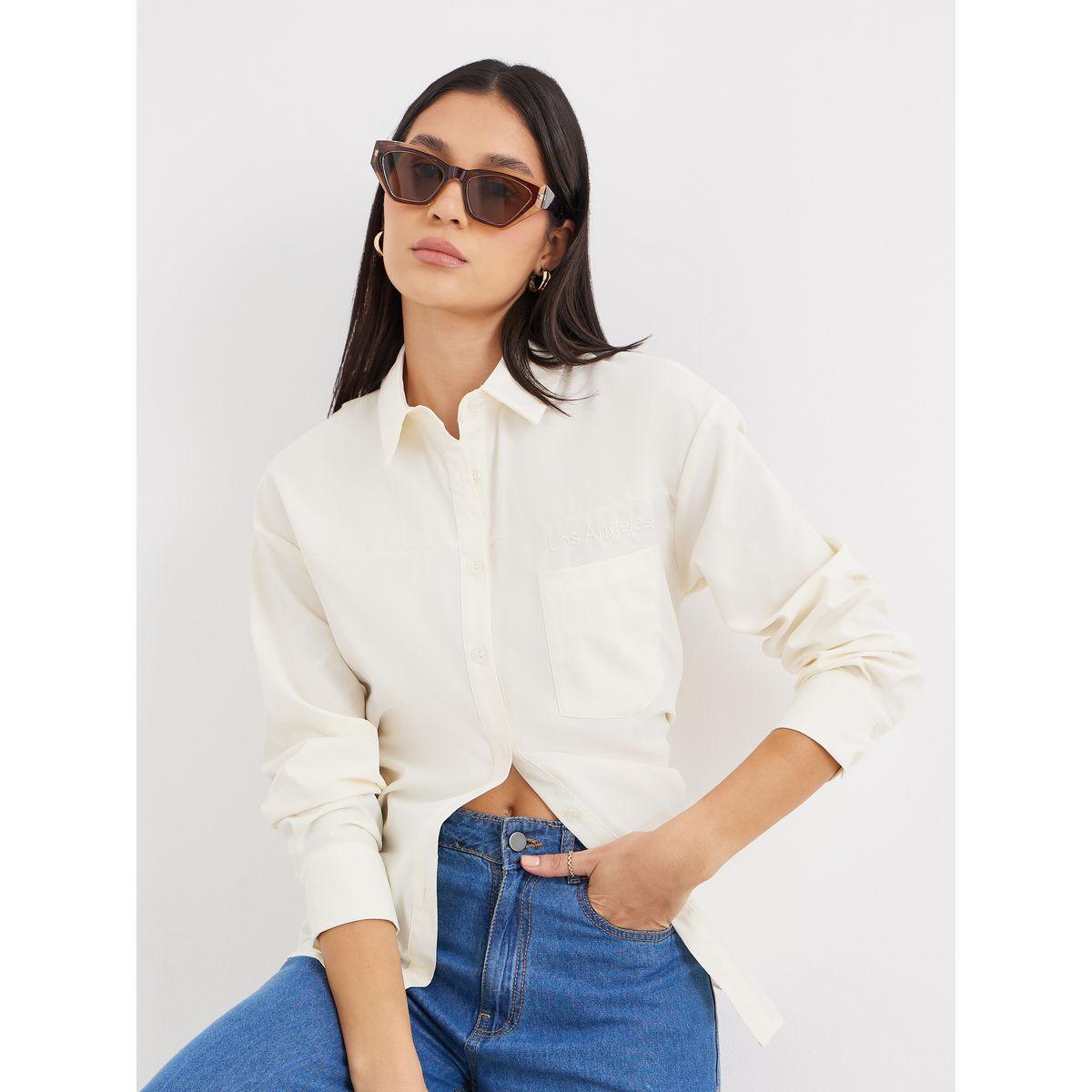 Styli Beige High-Low Hem Plain Collared Shirt-women-clothing-shirtsandblouses-shirts-image-1