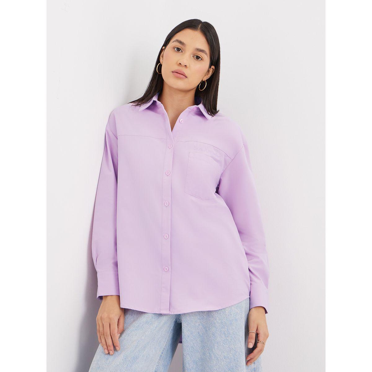 Styli Lilac High-Low Hem Plain Collared Shirt-women-clothing-shirtsandblouses-shirts-image-2