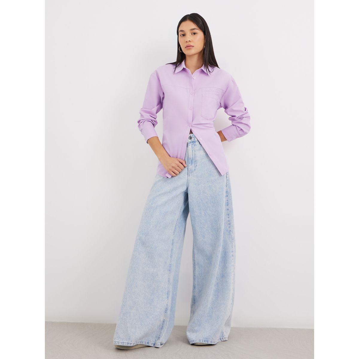 Styli Lilac High-Low Hem Plain Collared Shirt-women-clothing-shirtsandblouses-shirts-image-3