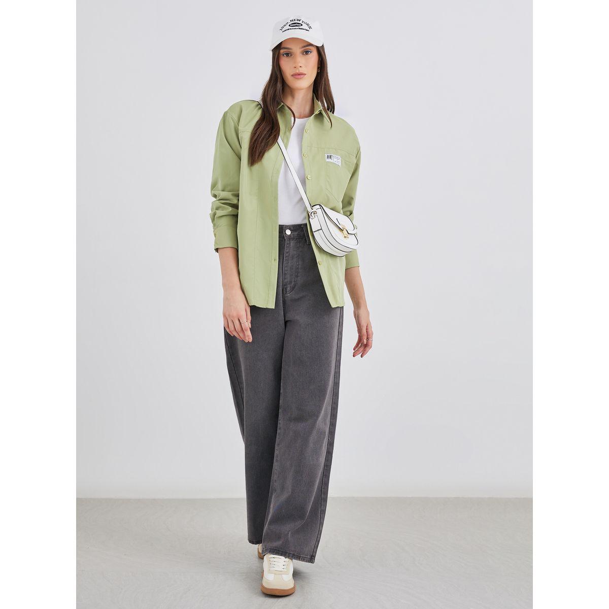 Styli Women Green High-Low Hem Shirt with Patch Detail-women-clothing-shirtsandblouses-shirts-image-2
