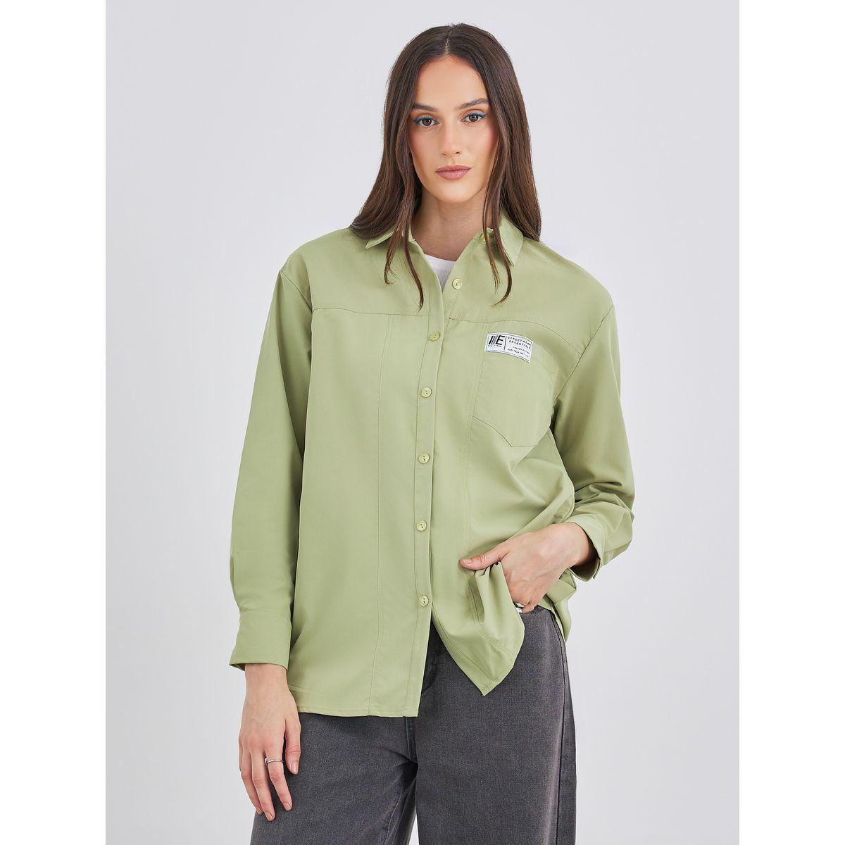 Styli Women Green High-Low Hem Shirt with Patch Detail-women-clothing-shirtsandblouses-shirts-image-3