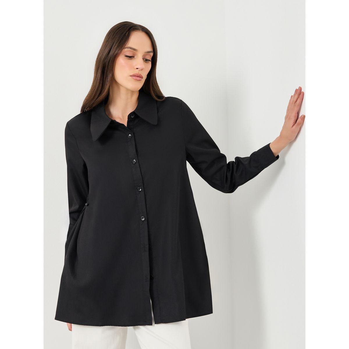Styli Black Plain Longline Flared Shirt with Buttons-women-clothing-shirtsandblouses-shirts-image-1