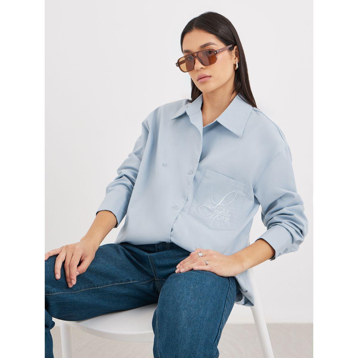 Styli Blue Oversized Longline Shirt with Pocket-women-clothing-shirtsandblouses-shirts-image-1