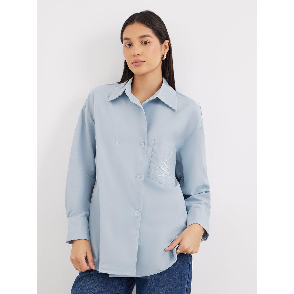 Styli Blue Oversized Longline Shirt with Pocket-women-clothing-shirtsandblouses-shirts-image-2