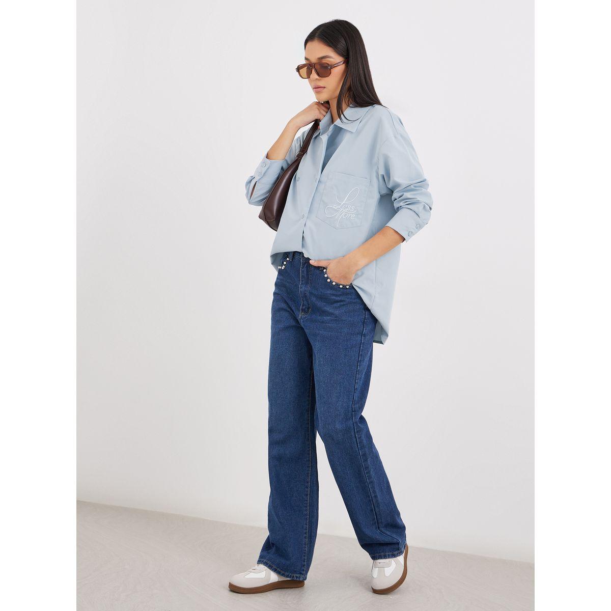 Styli Blue Oversized Longline Shirt with Pocket-women-clothing-shirtsandblouses-shirts-image-3