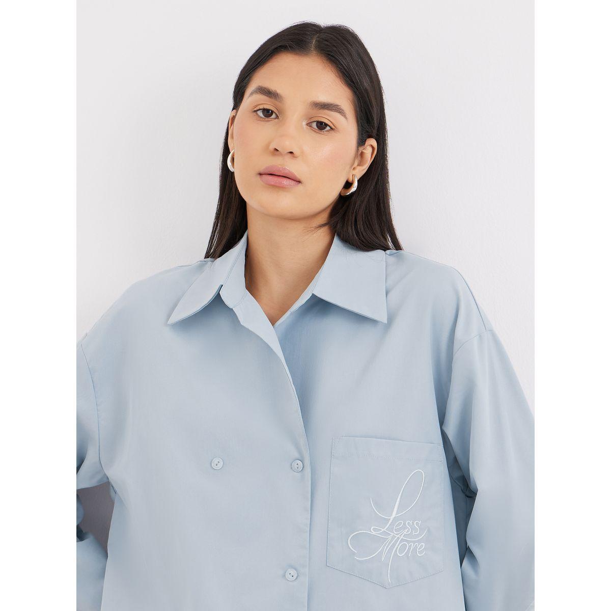 Styli Blue Oversized Longline Shirt with Pocket-women-clothing-shirtsandblouses-shirts-image-4