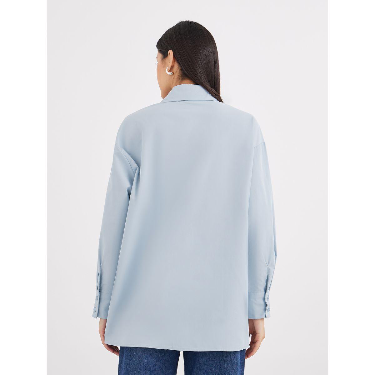 Styli Blue Oversized Longline Shirt with Pocket-women-clothing-shirtsandblouses-shirts-image-5