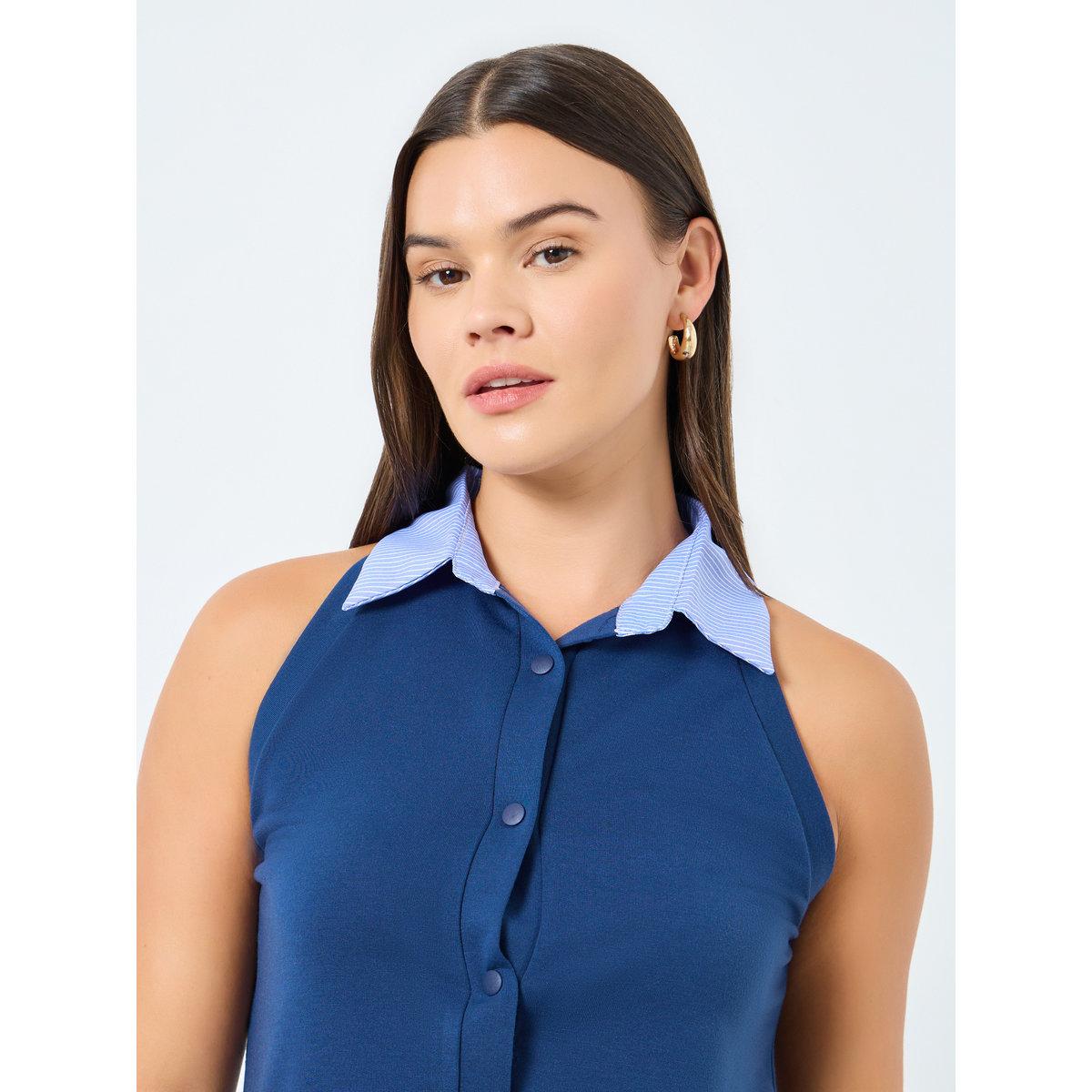 Styli Navy Blue Sleeveless Knit Top-women-clothing-tshirts-image-3