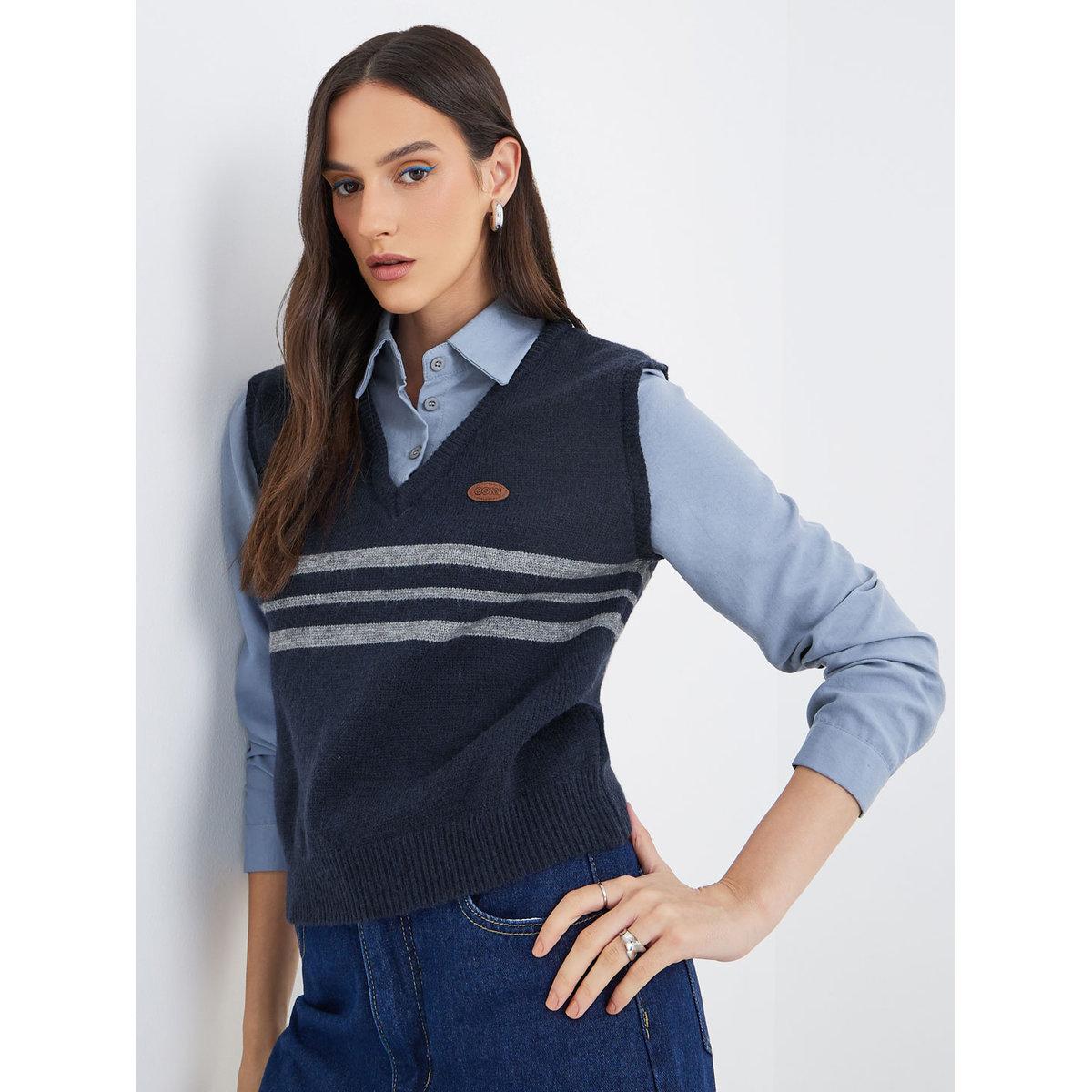 Styli Women Blue 2in1 Style Knit Vest Insert Shirt-women-clothing-shirtsandblouses-shirts-image-1
