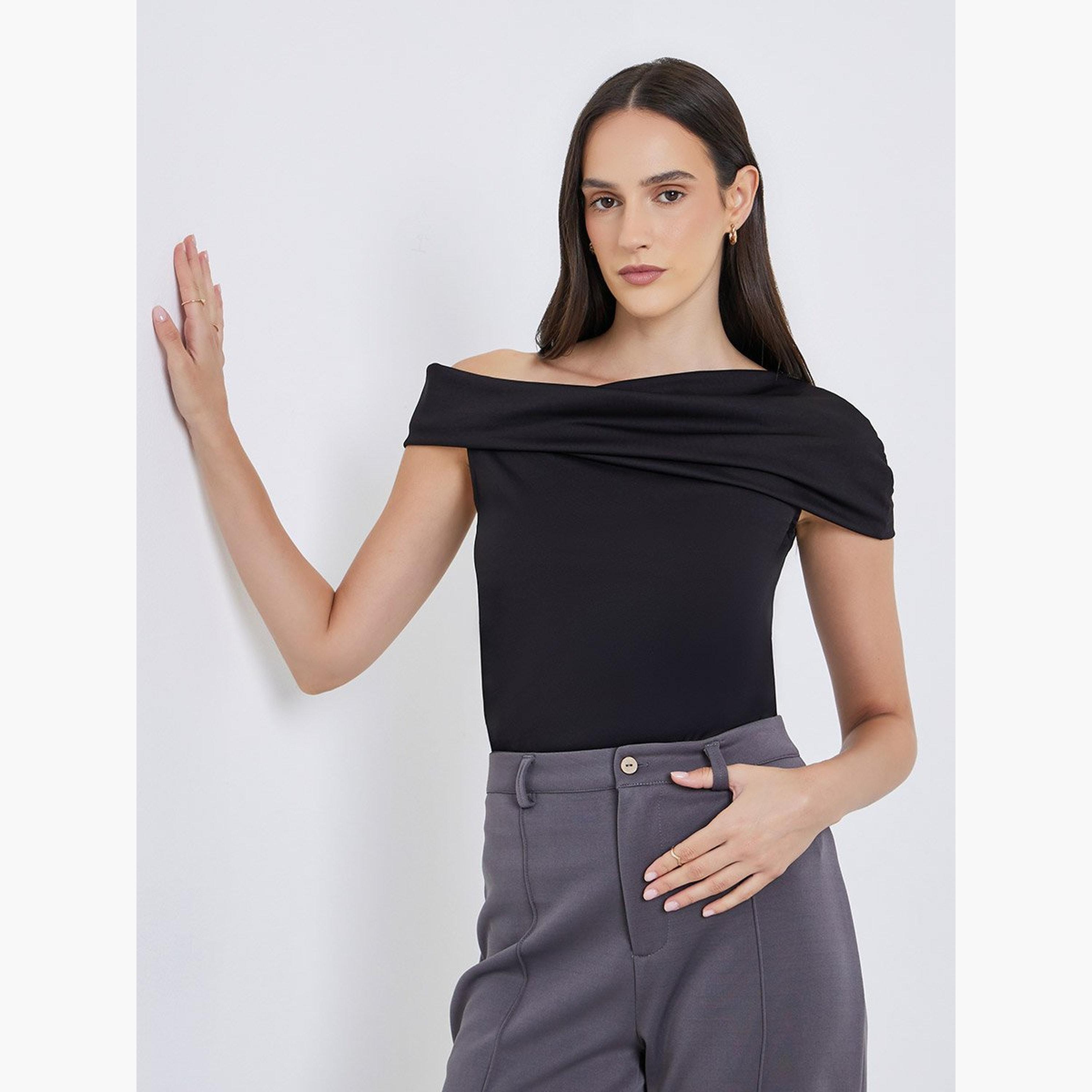 ستايلي - بلوزة محبوكة سادة مكشوفة الكتفين-women-clothing-tshirts-image-1