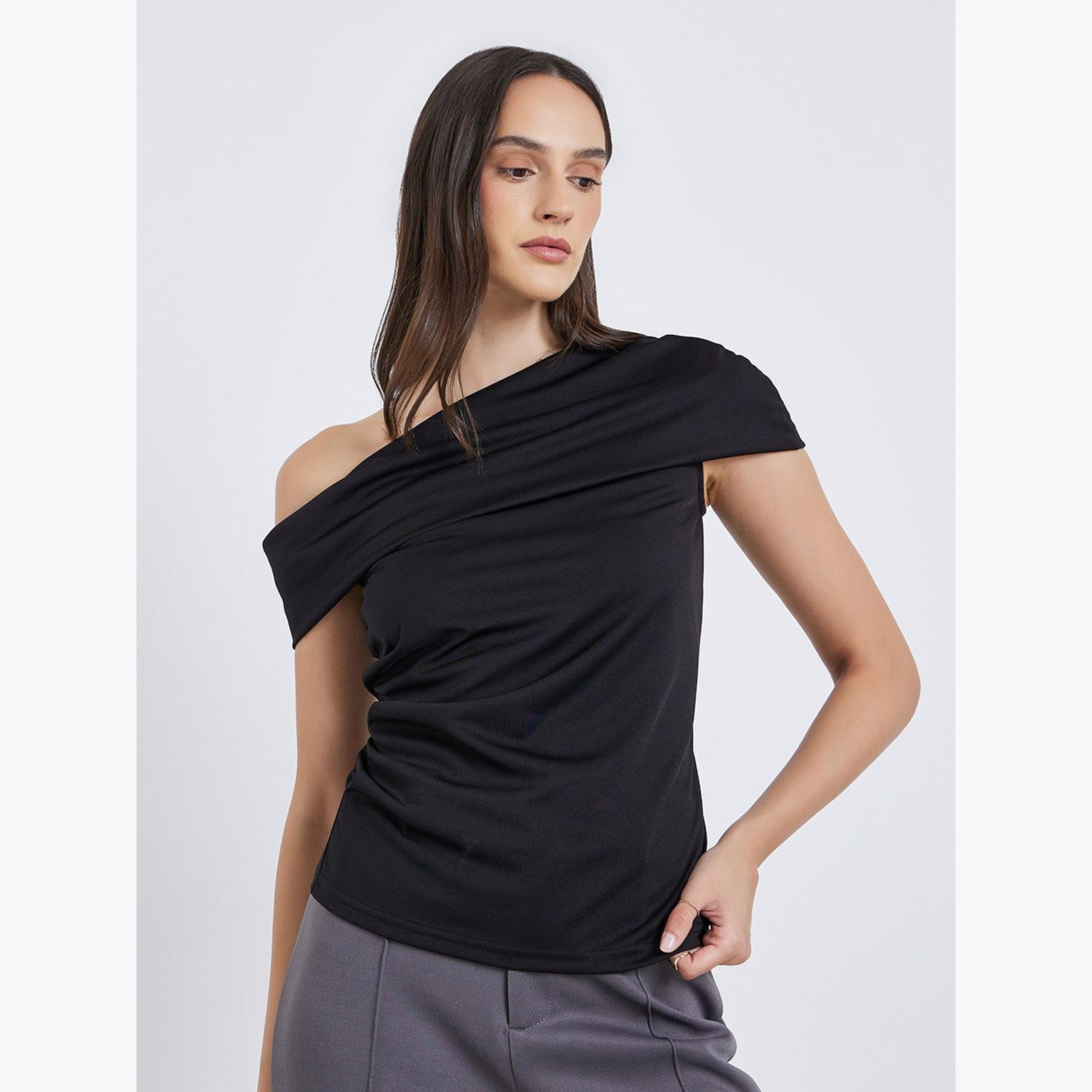 ستايلي - بلوزة محبوكة سادة مكشوفة الكتفين-women-clothing-tshirts-image-2