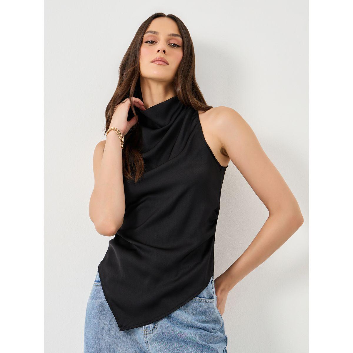 بلوزة بياقة عالية وحافة غير متماثلة الطول-women-clothing-shirtsandblouses-blouses-image-1