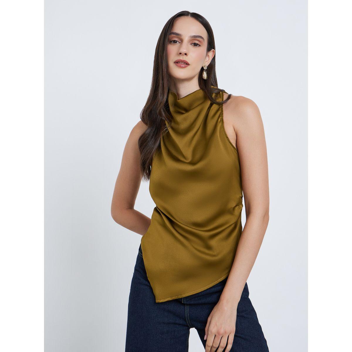 Styli Women Green Turtle Neck Asymmetric Hem Blouse-women-clothing-shirtsandblouses-blouses-image-1