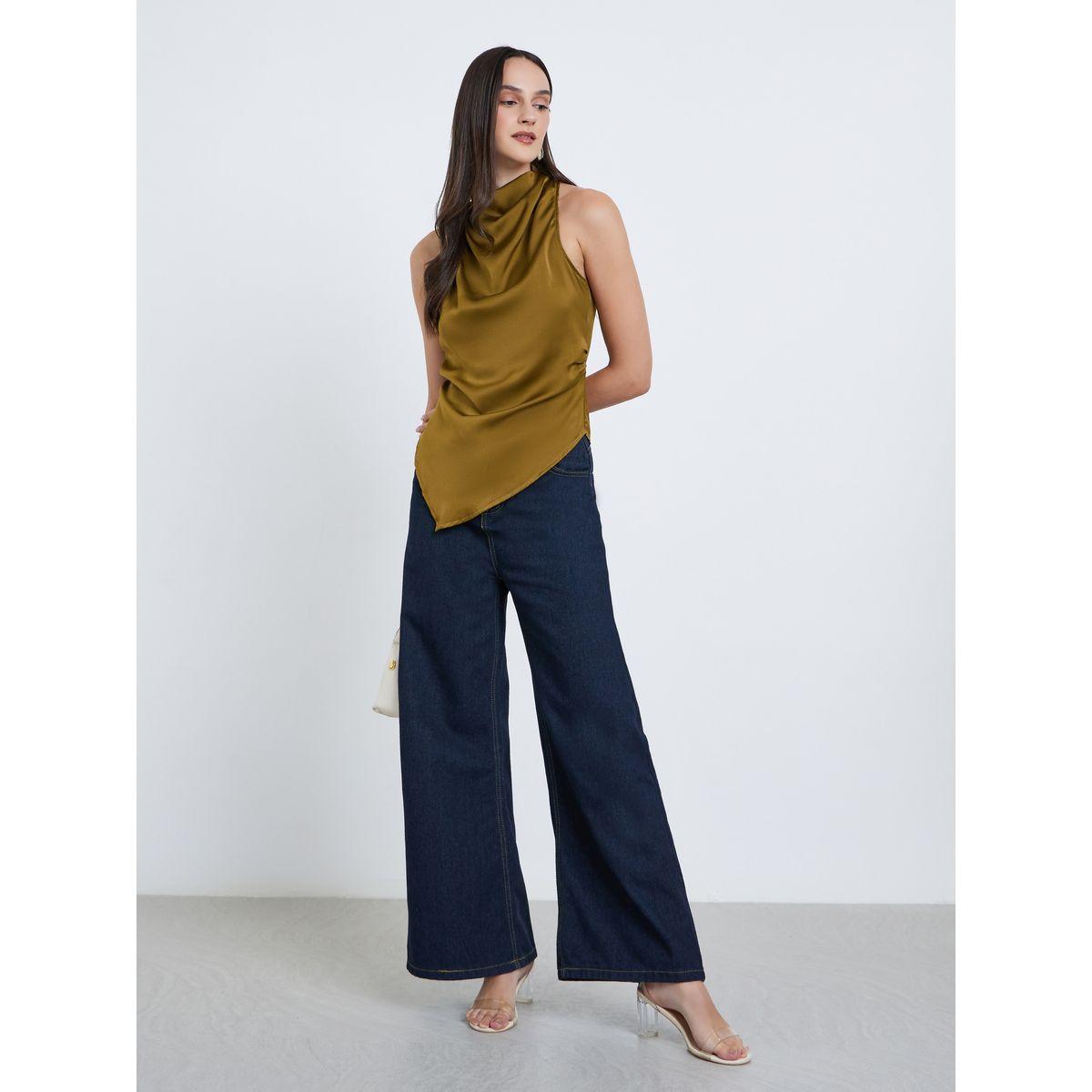 Styli Women Green Turtle Neck Asymmetric Hem Blouse-women-clothing-shirtsandblouses-blouses-image-2