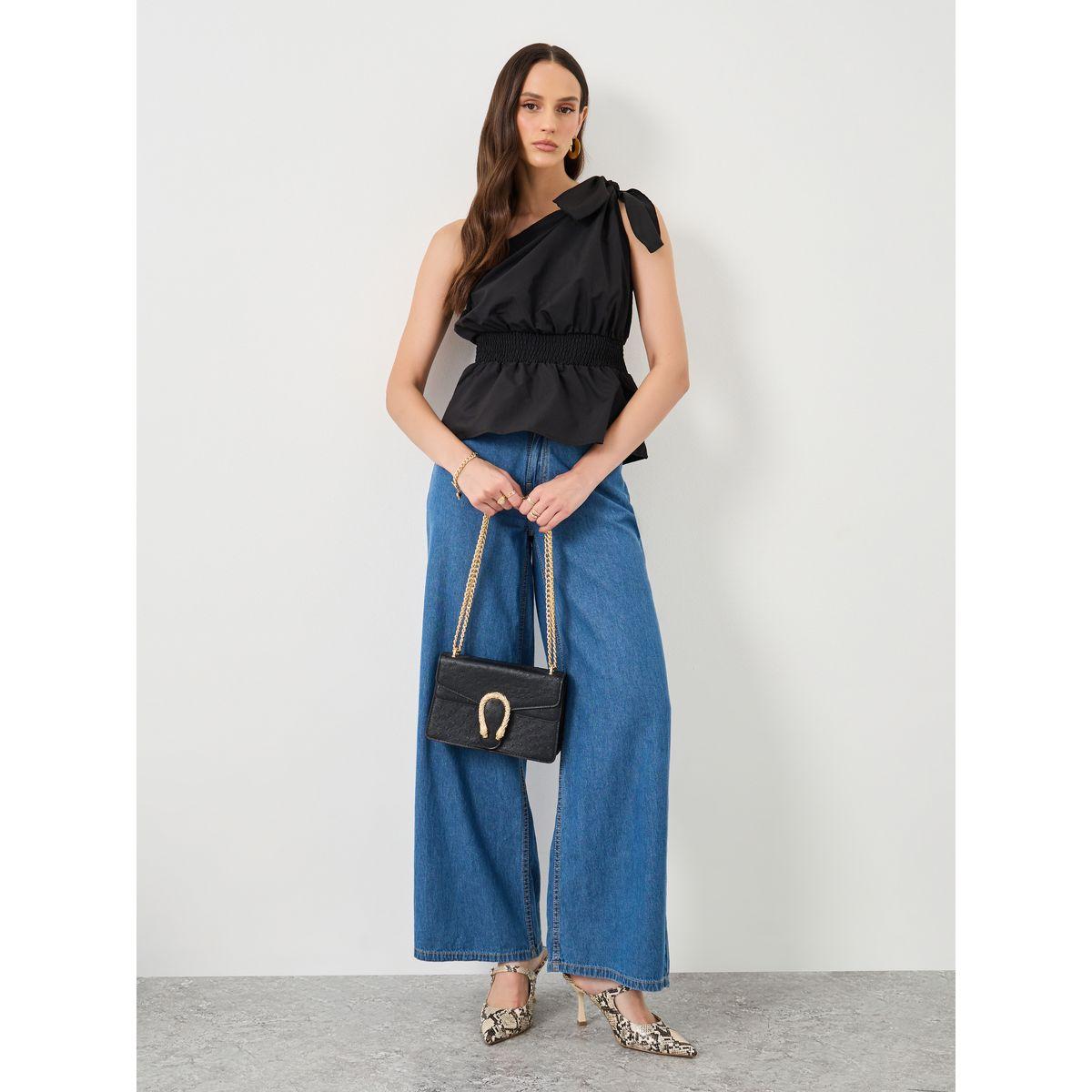 Styli Black One Shoulder Smocked Waist Sleeveless Top-women-clothing-shirtsandblouses-blouses-image-2