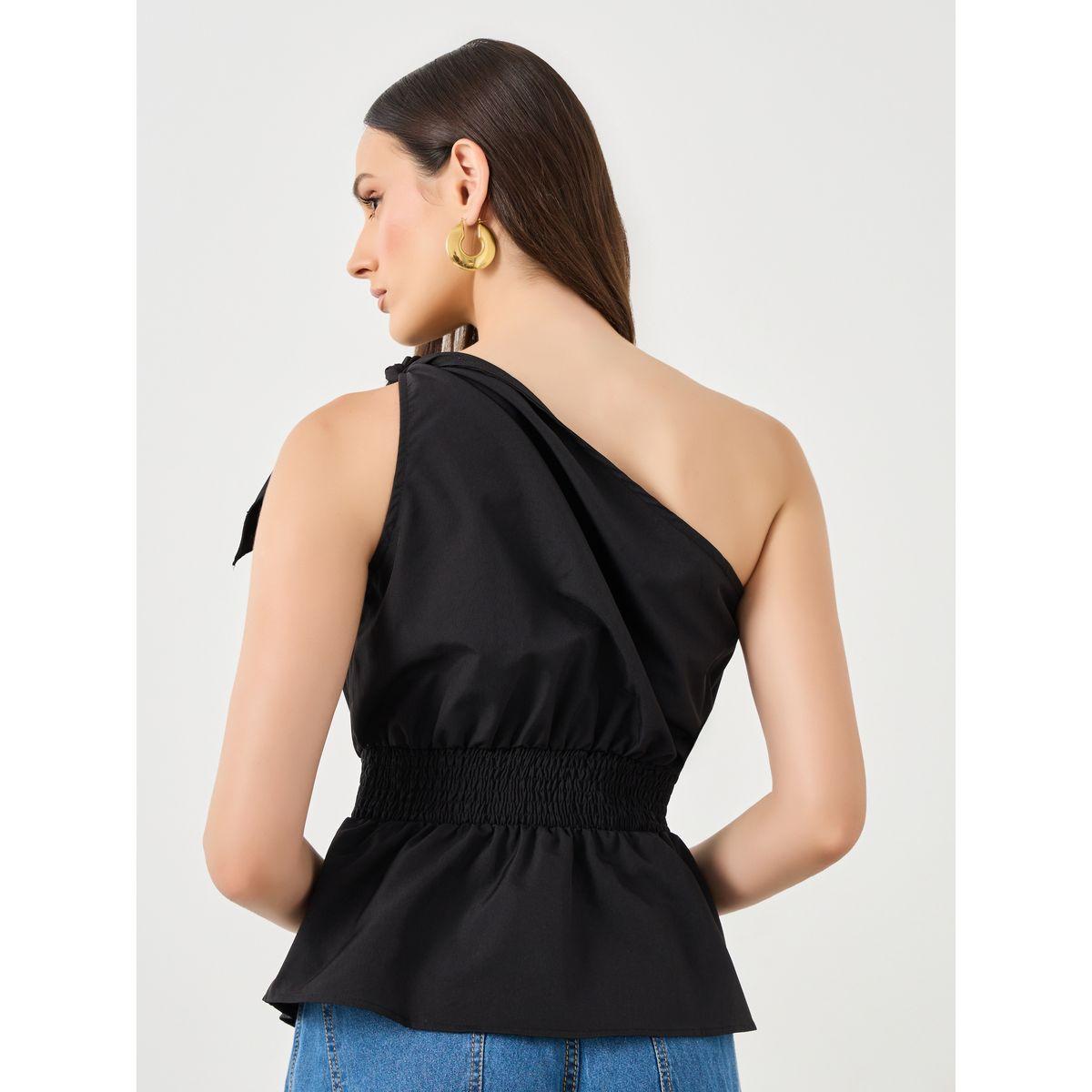 Styli Black One Shoulder Smocked Waist Sleeveless Top-women-clothing-shirtsandblouses-blouses-image-4