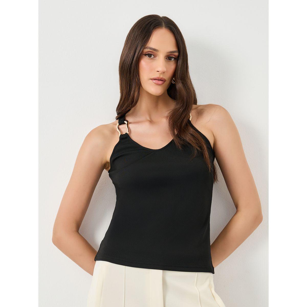 Styli Black Ribbed Knit Sleeveless Top-women-clothing-tshirts-image-1