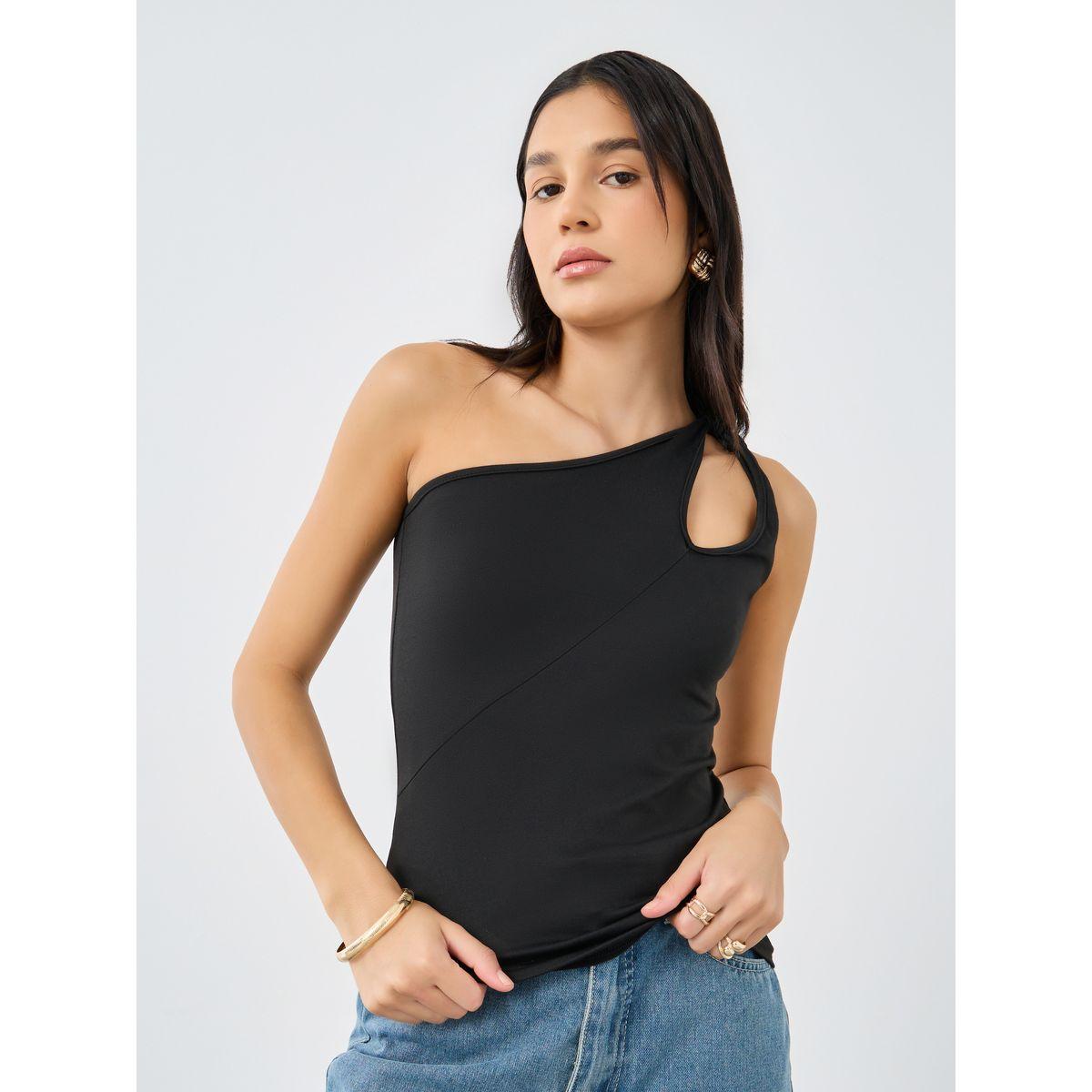 Styli Black Fitted One Shoulder Neck Knit Top-women-clothing-shirtsandblouses-blouses-image-3