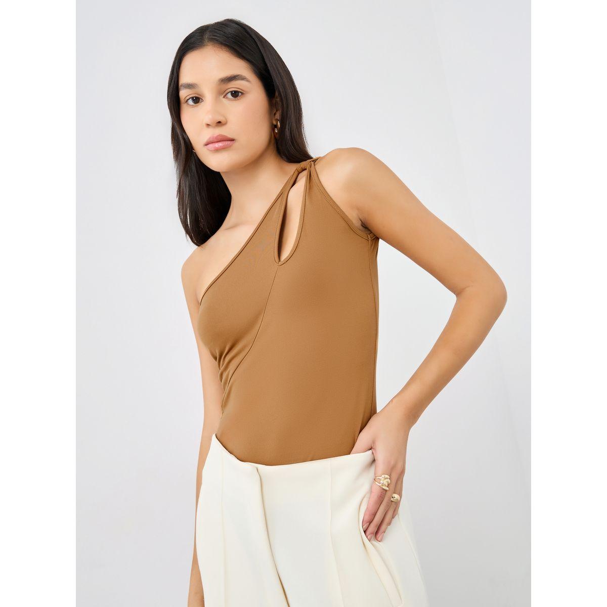Styli Brown Fitted One Shoulder Neck Knit Top-women-clothing-shirtsandblouses-blouses-image-1