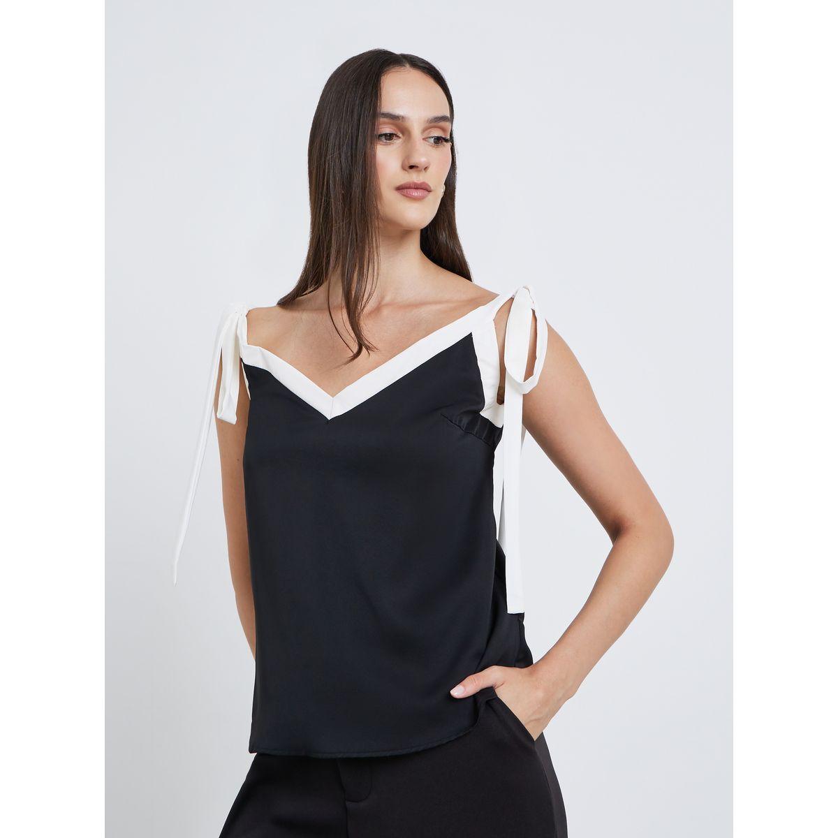 Styli Black Contrast Trim Strappy Cami Top-women-clothing-tshirts-image-4