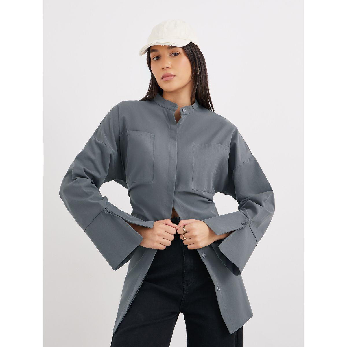 Styli Grey Relaxed Fit Longline Shirt with Pockets-women-clothing-shirtsandblouses-shirts-image-1