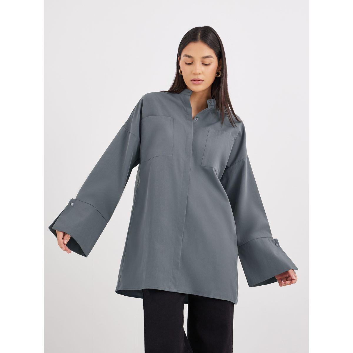 Styli Grey Relaxed Fit Longline Shirt with Pockets-women-clothing-shirtsandblouses-shirts-image-2