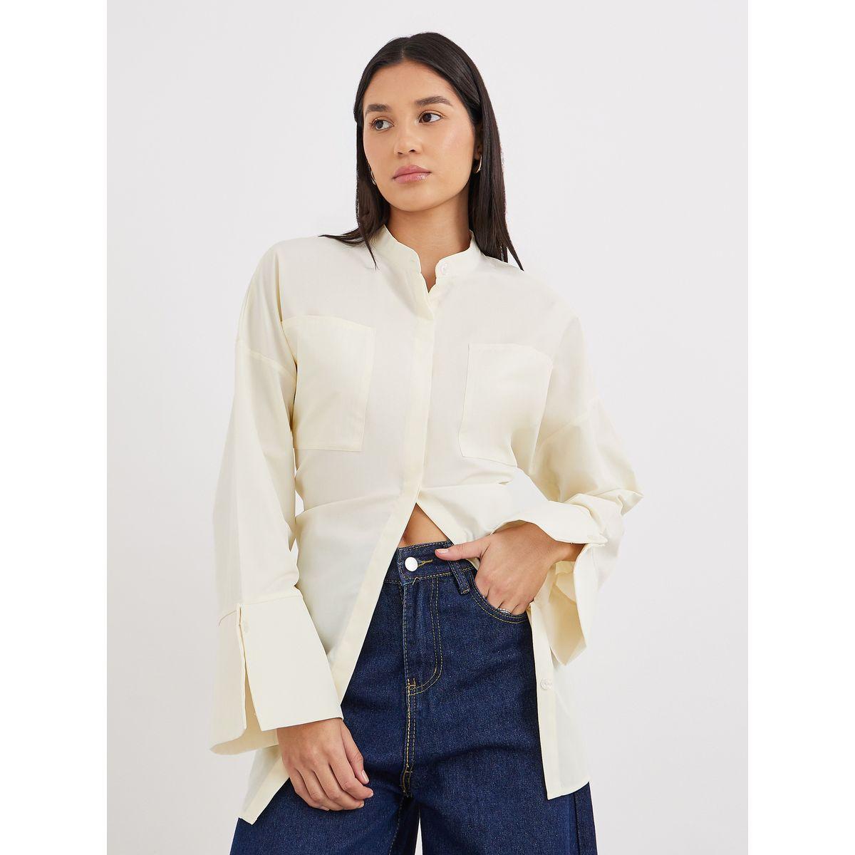 Styli Cream Relaxed Fit Longline Shirt with Pockets-women-clothing-shirtsandblouses-shirts-image-1
