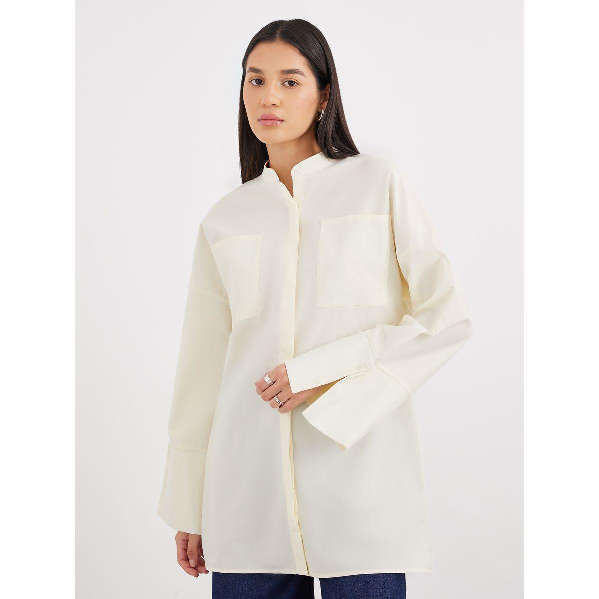 Styli Cream Relaxed Fit Longline Shirt with Pockets-women-clothing-shirtsandblouses-shirts-image-2