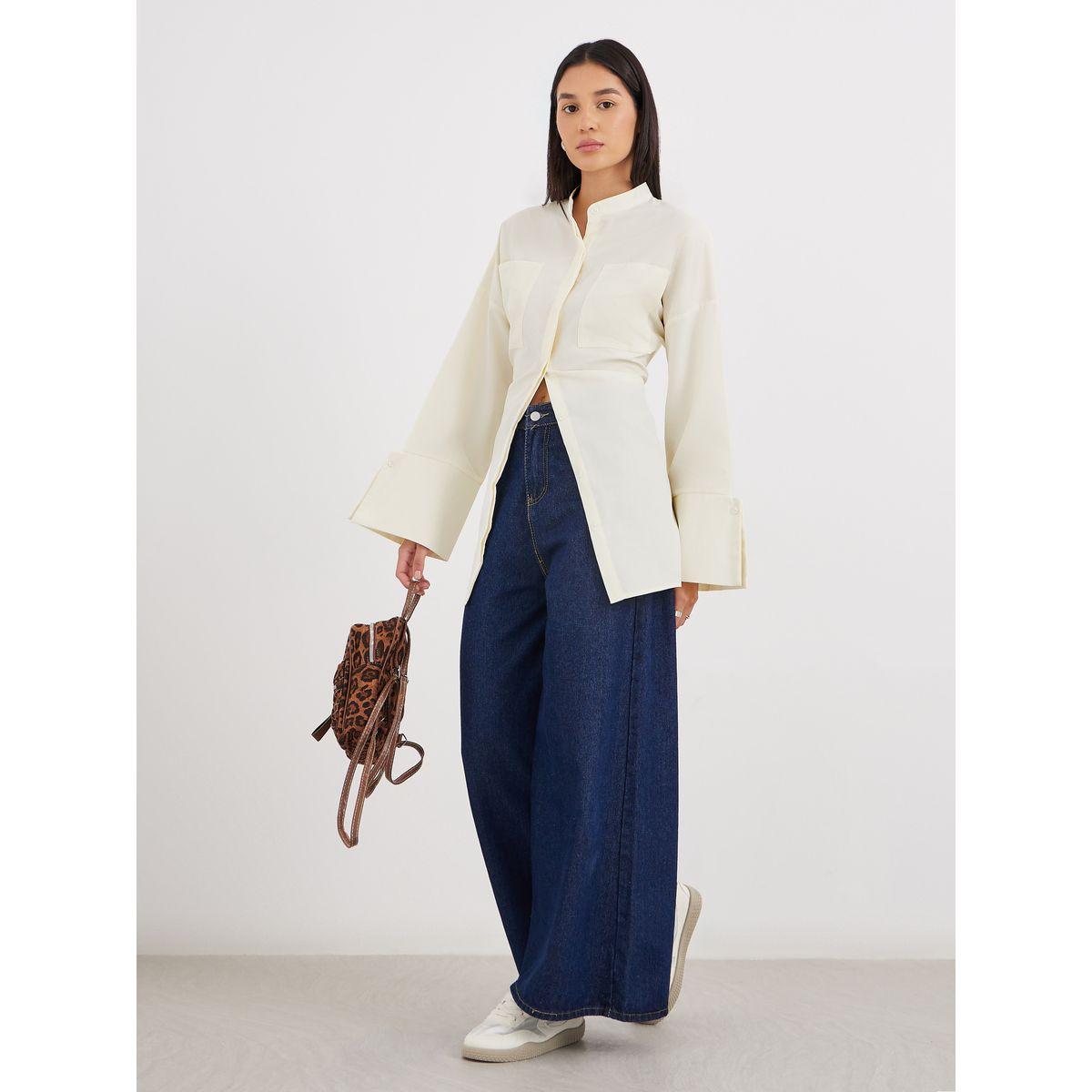 Styli Cream Relaxed Fit Longline Shirt with Pockets-women-clothing-shirtsandblouses-shirts-image-3