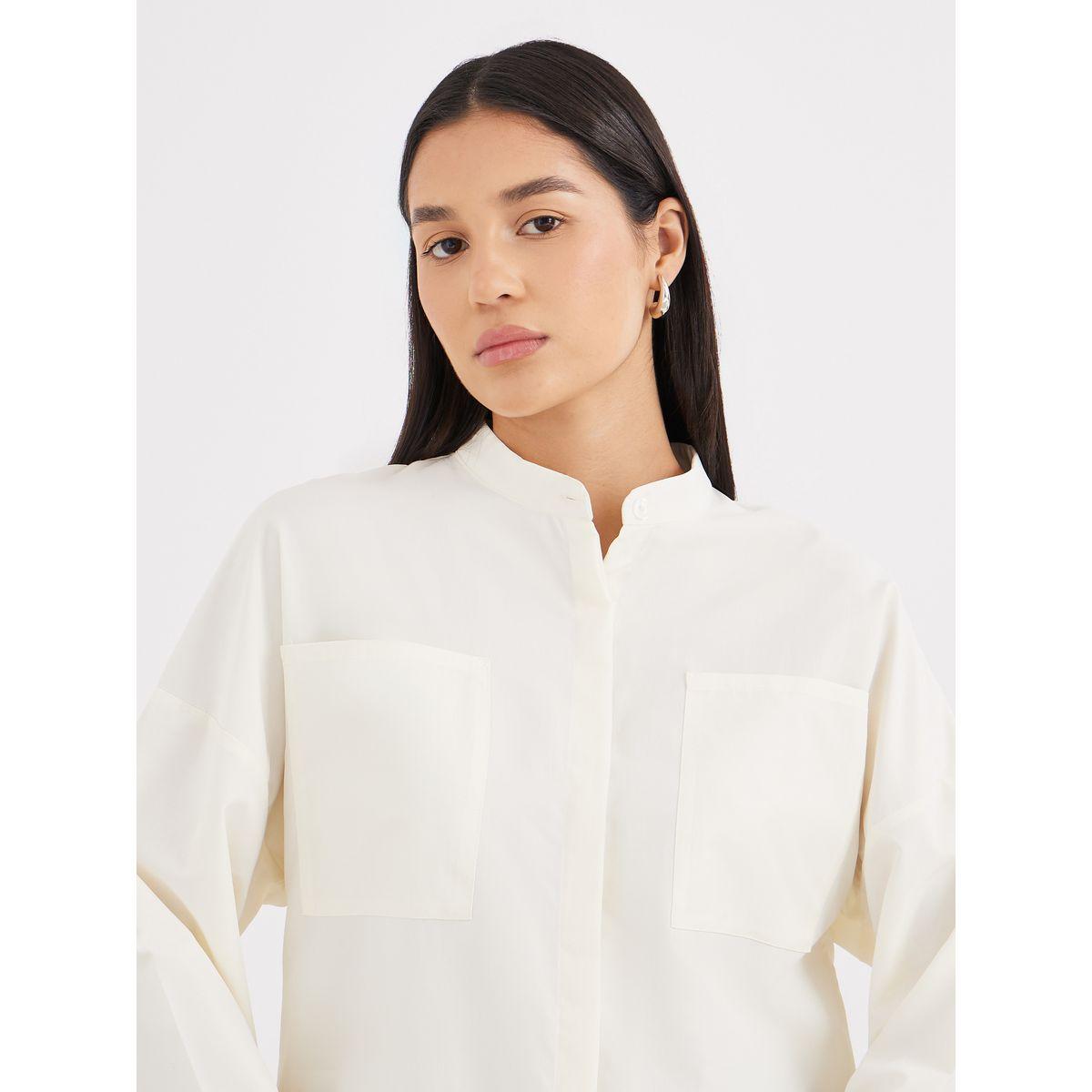 Styli Cream Relaxed Fit Longline Shirt with Pockets-women-clothing-shirtsandblouses-shirts-image-4