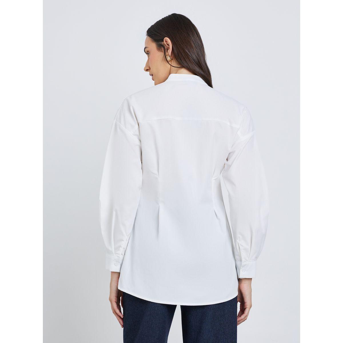 Styli Plain Longline Shirt with Fold Pleated Detail-women-clothing-shirtsandblouses-shirts-image-4